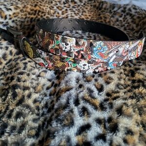 Ed Hardy Multicolor Graphic Belt with Studs